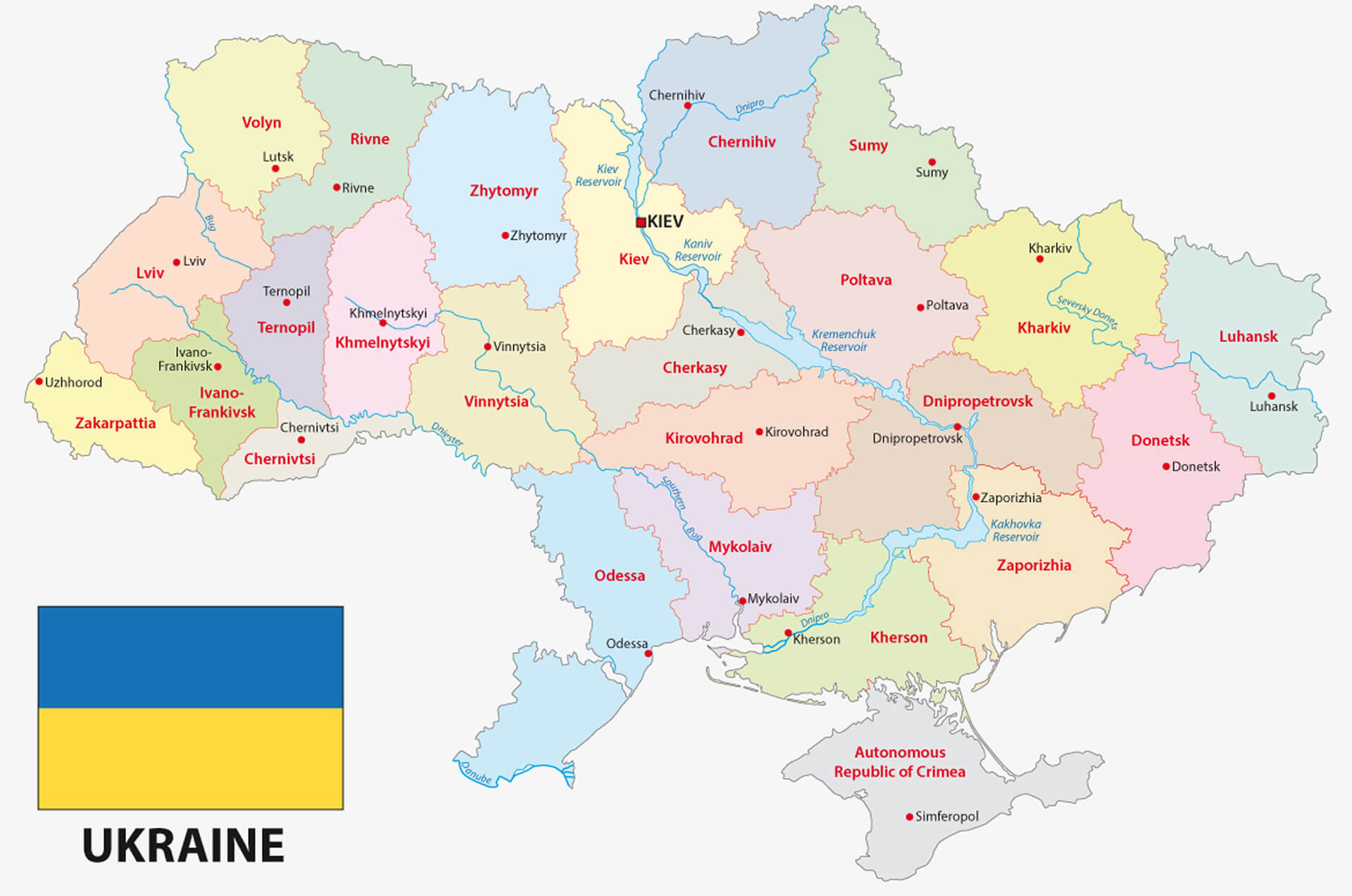 Administrative und politische Karte der Ukraine mit Flagge